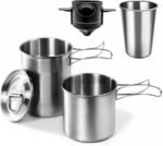 Foldable Camping Cups Mugs Camping Pot Cookware 304-Food-Grade Outdoor Camp Cooking Set with Vented lid,Stainless Steel Backpacking Cookware for Hunting