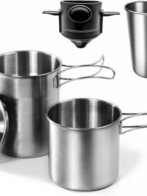 Foldable Camping Cups Mugs Camping Pot Cookware 304-Food-Grade Outdoor Camp Cooking Set with Vented lid,Stainless Steel Backpacking Cookware for Hunting