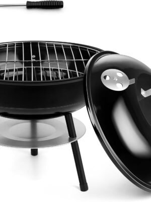 14 Inch Charcoal Grill, Small Black Enamel Outdoor BBQ Grill, Mini Flat Top Kettle Barbecue Grill with Screwdriver, Portable for Backyard Garden Camping Cooking Smoking, Dual Venting System