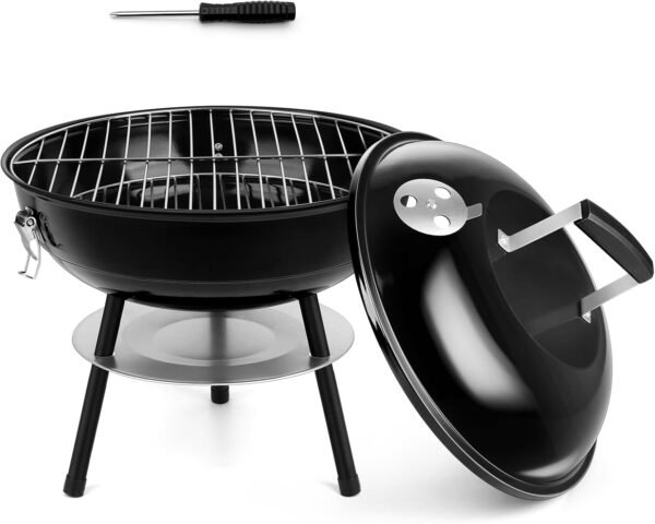 14 Inch Charcoal Grill, Small Black Enamel Outdoor BBQ Grill, Mini Flat Top Kettle Barbecue Grill with Screwdriver, Portable for Backyard Garden Camping Cooking Smoking, Dual Venting System