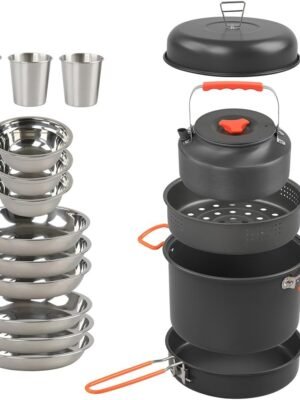 17Pcs Camping Cookware Mess Kit Aluminum Alloy Pot Pan Kettle Set Steaming Tray Bowl Cup Water Kettle Cooking Equipment for Backpacking Gear Hiking