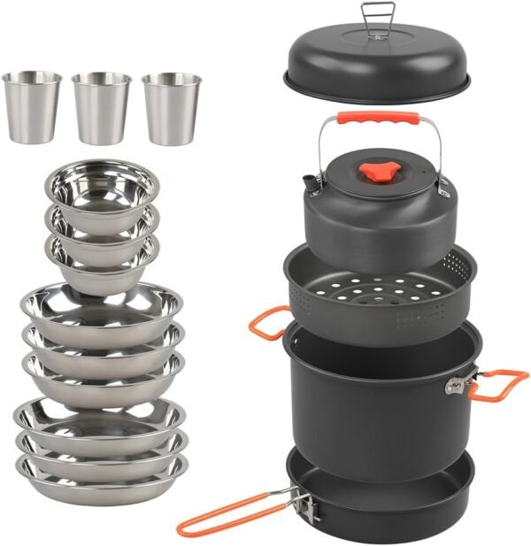 17Pcs Camping Cookware Mess Kit Aluminum Alloy Pot Pan Kettle Set Steaming Tray Bowl Cup Water Kettle Cooking Equipment for Backpacking Gear Hiking