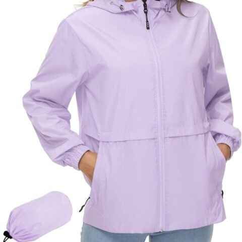 Women Waterproof Rain Jacket Lightweight Raincoat Packable Hooded Outdoor Windbreaker