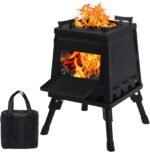 Wood Burning Camp Stove, Portable Cast Iron Camping Wood Stove, Black Woodstove with Carrying Case for Backpacking Outdoor Cooking