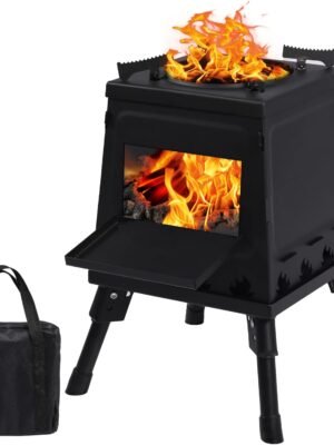 Wood Burning Camp Stove, Portable Cast Iron Camping Wood Stove, Black Woodstove with Carrying Case for Backpacking Outdoor Cooking