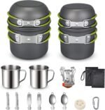 Camping Cookware Mess Kit 19 Pieces Hiking Backpacking Picnic Cooking Bowl Non Stick Pot Pan Knife Spoon Set 19PCS (Green)