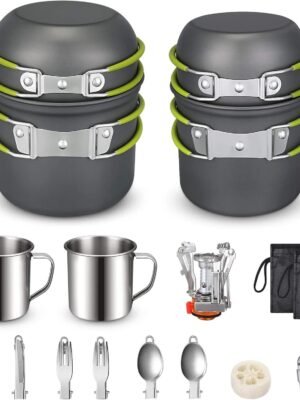 Camping Cookware Mess Kit 19 Pieces Hiking Backpacking Picnic Cooking Bowl Non Stick Pot Pan Knife Spoon Set 19PCS (Green)