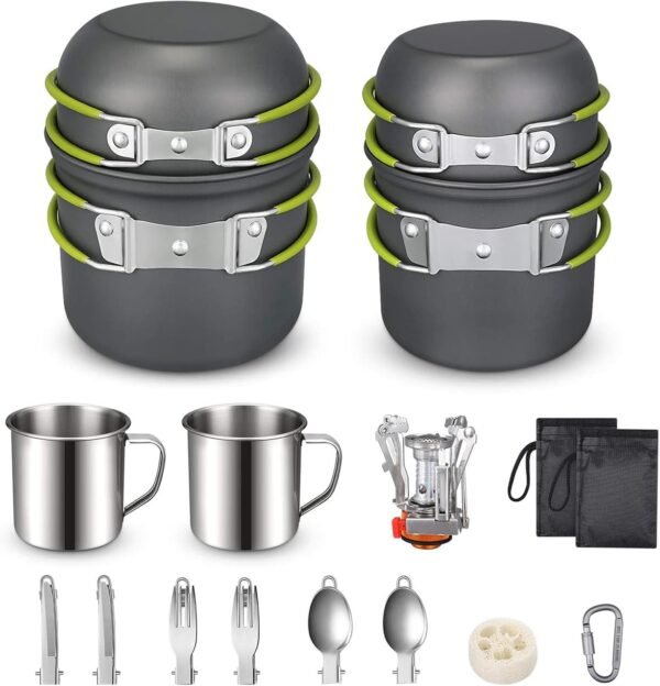 Camping Cookware Mess Kit 19 Pieces Hiking Backpacking Picnic Cooking Bowl Non Stick Pot Pan Knife Spoon Set 19PCS (Green)