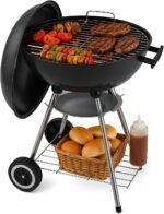 18 Inch Portable Charcoal Grill – Heavy-Duty Round BBQ Grill with Thickened Grilling Bowl, Sturdy with 4 Legs & Wheels for Small Outdoor Barbecue, Camping, Travel, Tailgating & Backyard Cooking