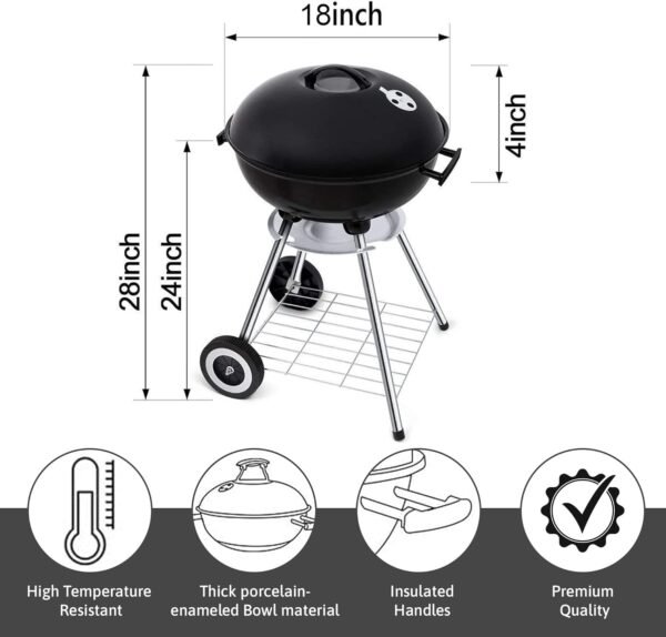 18 Inch Portable Charcoal Grill – Heavy-Duty Round BBQ Grill with Thickened Grilling Bowl, Sturdy with 4 Legs & Wheels for Small Outdoor Barbecue, Camping, Travel, Tailgating & Backyard Cooking