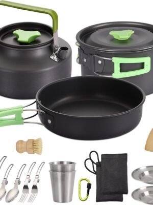 Camping Cookware Set, 17pcs Portable Camping Mess Kit with Non-Stick Aluminum Pots, Pans Set and Folding Fork, Lightweight Backpacking Camping Gear for Outdoor/Camping/Picnic/Hiking