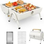 Portable Charcoal Grill, Foldable Tabletop BBQ Grill with 232 Sq In Cooking Area, Dual-Sided Smoker Compact Small Outdoor Grill for Camping, Backyard, Travel (White)