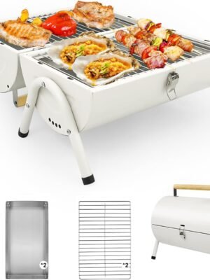 Portable Charcoal Grill, Foldable Tabletop BBQ Grill with 232 Sq In Cooking Area, Dual-Sided Smoker Compact Small Outdoor Grill for Camping, Backyard, Travel (White)