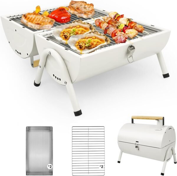 Portable Charcoal Grill, Foldable Tabletop BBQ Grill with 232 Sq In Cooking Area, Dual-Sided Smoker Compact Small Outdoor Grill for Camping, Backyard, Travel (White)