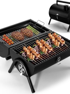 Portable Charcoal Grill (2 IN 1 Double-Sided), Small Tabletop Barbecue Grill with Food Tray & Rack for Outdoor Camping Home Patio BBQ Grilling, Heavy Duty & Multi-use, Easy Assembly ()