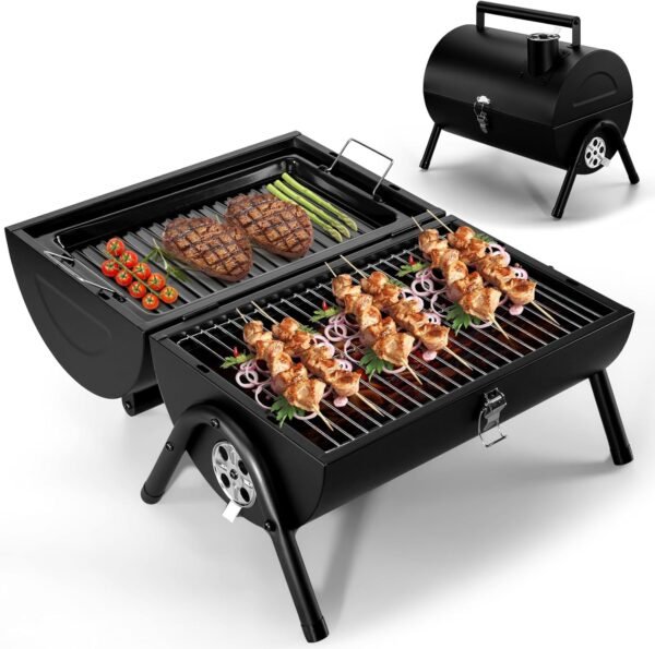 Portable Charcoal Grill (2 IN 1 Double-Sided), Small Tabletop Barbecue Grill with Food Tray & Rack for Outdoor Camping Home Patio BBQ Grilling, Heavy Duty & Multi-use, Easy Assembly ()