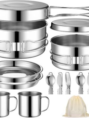 14 Piece Camp Cooking Set, Stainless Steel Camping Cookware with Pot and Pan Kit 2 Set Stainless Steel Cups Plates Forks Knives Spoons for Camping, Backpacking, Outdoor Cooking and Picnic
