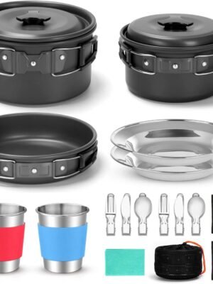 15pcs Camping Cookware Mess Kit, Non-Stick Lightweight Pots Pan Set with Stainless Steel Cups Plates Forks Knives Spoons for Camping, Backpacking, Outdoor Cooking and Picnic