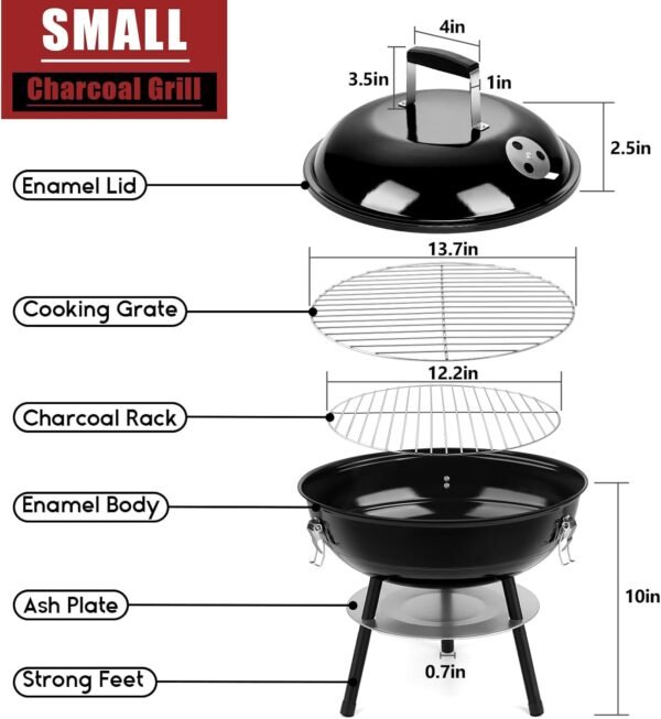 14 Inch Charcoal Grill, Small Black Enamel Outdoor BBQ Grill, Mini Flat Top Kettle Barbecue Grill with Screwdriver, Portable for Backyard Garden Camping Cooking Smoking, Dual Venting System