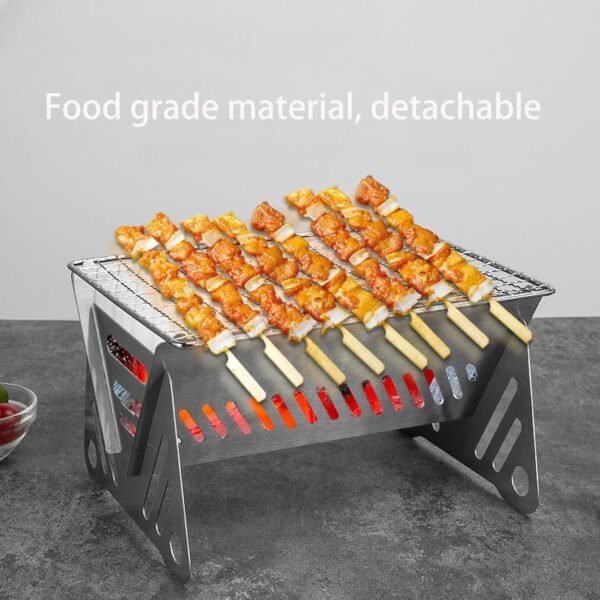 Mini Portable Camping Grill with Bamboo Stick/Storage bag, Small Assemblable Removable BBQ Grill Tabletop Fire Pit for Camping Patio Outdoor Stainless Steel Camping Grill Folding Barbecue Grills