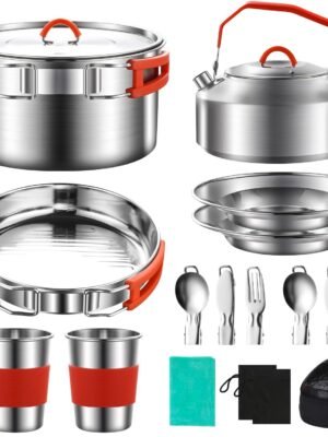 304 Stainless Steel Camping Cookware Set - Mess Kit with Pots, Pans, Kettle, Plates, Forks, Knives, Spoons for 2 People, Perfect for Camping, Picnic, RVs