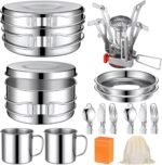 15 Pcs Camp Cooking Set Stainless Steel Camping Cookware Mess Kit with Pot Pan and Stove 2 Set Stainless Steel Cups Plates Forks Knives Spoons for Camping Backpacking Outdoor Cooking Picnic
