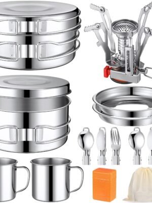 15 Pcs Camp Cooking Set Stainless Steel Camping Cookware Mess Kit with Pot Pan and Stove 2 Set Stainless Steel Cups Plates Forks Knives Spoons for Camping Backpacking Outdoor Cooking Picnic