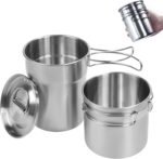 Foldable Camping Cups Mugs Camping Pot Cookware 304-Food-Grade Outdoor Camp Cooking Set with Vented lid,Stainless Steel Backpacking Cookware for Hunting