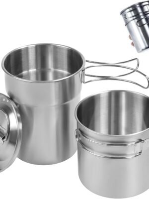 Foldable Camping Cups Mugs Camping Pot Cookware 304-Food-Grade Outdoor Camp Cooking Set with Vented lid,Stainless Steel Backpacking Cookware for Hunting