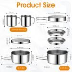 15 Pcs Camp Cooking Set Stainless Steel Camping Cookware Mess Kit with Pot Pan and Stove 2 Set Stainless Steel Cups Plates Forks Knives Spoons for Camping Backpacking Outdoor Cooking Picnic