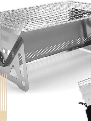 Mini Portable Camping Grill with Bamboo Stick/Storage bag, Small Assemblable Removable BBQ Grill Tabletop Fire Pit for Camping Patio Outdoor Stainless Steel Camping Grill Folding Barbecue Grills