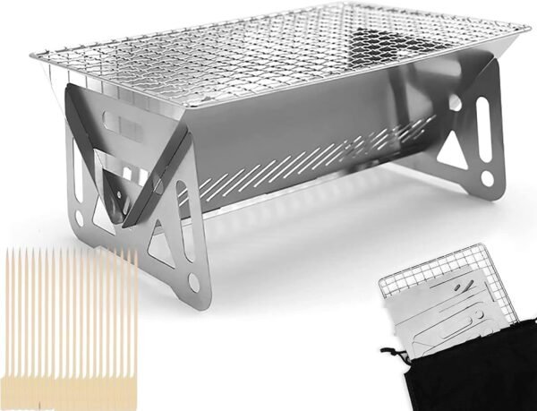 Mini Portable Camping Grill with Bamboo Stick/Storage bag, Small Assemblable Removable BBQ Grill Tabletop Fire Pit for Camping Patio Outdoor Stainless Steel Camping Grill Folding Barbecue Grills