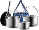 Camping Cookware Set 304 Stainless Steel 8-Piece Pots & Pans Open Fire Cooking Kit | Frying Pan Steamer with Travel Tote Bag | Compact for Outdoors & Indoors Kitchen Campfire Hiking RV