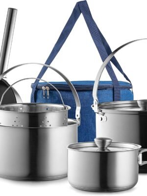 Camping Cookware Set 304 Stainless Steel 8-Piece Pots & Pans Open Fire Cooking Kit | Frying Pan Steamer with Travel Tote Bag | Compact for Outdoors & Indoors Kitchen Campfire Hiking RV