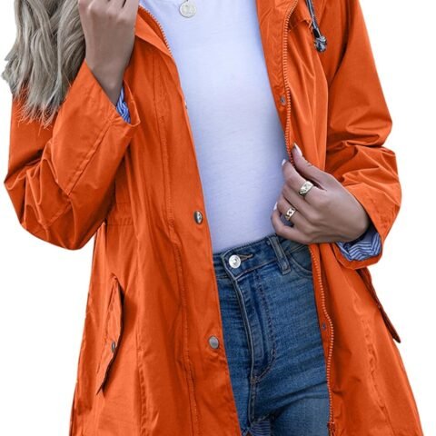 Rain Jacket Women Striped Lined Hooded Lightweight Raincoat Outdoor Waterproof Windbreaker