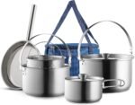 Camping Cookware Set 304 Stainless Steel 8-Piece Pots & Pans Open Fire Cooking Kit | Frying Pan Steamer with Travel Tote Bag | Compact For Outdoors & Indoors Kitchen Family Campfire Hiking RV
