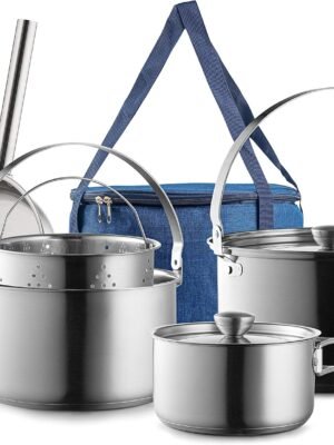 Camping Cookware Set 304 Stainless Steel 8-Piece Pots & Pans Open Fire Cooking Kit | Frying Pan Steamer with Travel Tote Bag | Compact For Outdoors & Indoors Kitchen Family Campfire Hiking RV